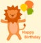 Happy birthday card with cute cartoon lion with colorful balloons illustration