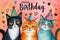 Happy birthday card with cute cats. Gouache Happy Birthday