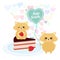 Happy birthday Card cute kawaii hamster with balloon in the shape of heart, pastel colors on white background. Strawberry, cake pi