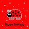 Happy Birthday card with cute lady bug ladybird insect. Baby background Sparkles Flat design