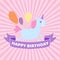 Happy birthday card with cute unicorn, banner and baloons baby showel vector cartoon illustration. Fairytale fantasy