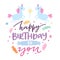 Happy birthday card with cute unicorns baby showel vector cartoon illustration. Fairytale fantasy template for birthdays