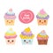 Happy Birthday Card design with Cupcake Kawaii funny muzzle with pink cheeks and winking eyes, pastel colors on white background.