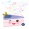 Happy birthday Card design cute kawaii piece of cake, decorated with fresh blueberry, purple cream icing, pastel colors on white b