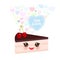 Happy birthday Card design cute kawaii piece of cake, decorated with fresh cherry, pink cream and chocolate icing, pastel colors o