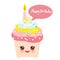 Happy Birthday Card design with tasty birthday cupcake with candle Kawaii funny muzzle with pink cheeks, pastel colors on white ba