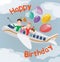 Happy Birthday Card. Family in Plane. Happy Family with Balloons