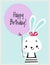 Happy Birthday Card with Farm Bunny Animal with Balloon as Holiday Greeting and Congratulation Vector Illustration