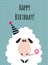 Happy Birthday Card with Fluffy Farm Sheep in Hat with Whistle as Holiday Greeting and Congratulation Vector