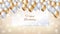 Happy birthday card golden white balloons. Holiday party background frame for text. Gold and pearl balloons on golden background