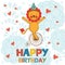 Happy birthday card with happy lion performing