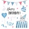 Happy Birthday Card with little pretty kitten in party hat, gift box, flying balloon, colorful streamers, flags and confetti.