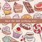 Happy birthday card, note. Hand drawn confectionery seamless pattern croissant Cupcake candy marshmallow ice cream cake donut and