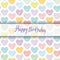 Happy Birthday Card. pattern with sketch hearts on a white background. Pastel color. Pink, blue, green, orange, purple color.