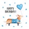 `Happy Birthday` card with pembroke welsh corgi dog riding skateboard and holding blue heart shaped balloon.