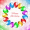 Happy birthday card with place for text. Balloon decoration. Holiday party background with colorful balloons. Multicolor balloons