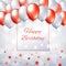 Happy birthday card red white balloons. Holiday party background with frame for text. Red and pearl balloons on gray background