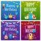 Happy birthday card set with colorful monster children holding gifts