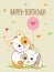 Happy Birthday Card. Two Cute Cheerful Kittens With A Balloon And Hand Made Text.
