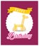 Happy birthday card with yellow giraffe balloon badge