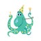 Happy birthday celebrating Octopus with sparklers, cap, cake with candle and party horn. Isolated Vector illustration on white bac