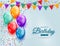 Happy Birthday celebration with colorful balloons, glitter confetti, and ribbons background