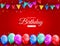 Happy Birthday celebration with colorful balloons, glitter confetti, and ribbons background