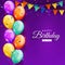 Happy Birthday celebration with colorful balloons, glitter confetti, and ribbons background