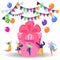 Happy birthday celebration concept with friends. Anniversary confetti with happy funny flat cartoon characters