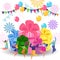 Happy birthday celebration concept with friends. Anniversary confetti with happy funny flat cartoon characters