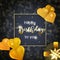 Happy Birthday celebration design with realistic heart shaped golden balloons, falling foil confetti and glitter bow.