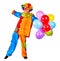 Happy birthday clown keeps bunch of balloons.