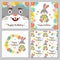 Happy Birthday collection of cards and seamless patterns. Cartoon bunny, flower wreath. Cute bunny holds a gift