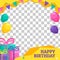 Happy birthday color vector frame. Inscription, gifts and sweet candy. Photo frame