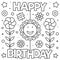 Happy Birthday. Coloring page. Black and white vector illustration.