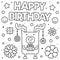 Happy Birthday. Coloring page. Vector illustration of deer.