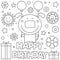 Happy Birthday. Coloring page. Vector illustration of dog.