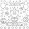 Happy Birthday. Coloring page. Vector illustration of pig.