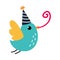 Happy Birthday Concept, Adorable Bird in Party Hat Flying with Party Blower Whistle, Baby Shower Celebration Element