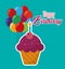 Happy birthday cupcake candle ed balloons turquoise background