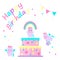 Happy birthday cute card with magical unicorns big cake.