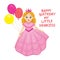 Happy birthday cute fairy girl greeting card with colorful balloon.