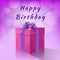 Happy birthday - cute greeting card with bright crimson gift box tied with lilac ribbon on blurred bokeh background. Vector
