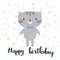 Happy birthday. Cute little kitty. Greeting card or postcard. Beautiful background for kids