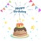 Happy birthday design template. Cartoon style cake with stars candies decoration. Bright background with wishing sign. Best for in