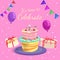 Happy birthday design template. Cartoon style cake with stars candies decoration. Bright pink background with wishing sign, gift b