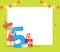 Happy Birthday Festive Card with Girl in Birthday Hat Holding Five Number Vector Illustration