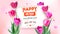 Happy birthday floral poster with lettering design. Birthday background with tulips flowers. Vintage typography design