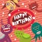 Happy birthday Funny monsters party card design on pink striped background with stars. Vector