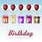 Happy birthday gift package soaring with helium balloons icons set eps10